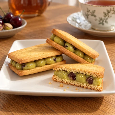 あんバターサブレサンド　ピスタチオ×グリオットチェリー：雰囲気と断面