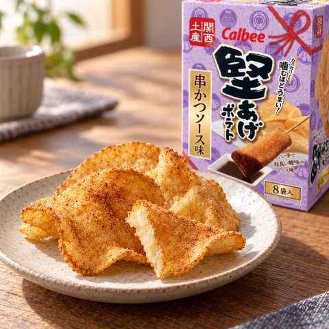 箱堅あげポテト串かつソース味 120g：雰囲気と断面