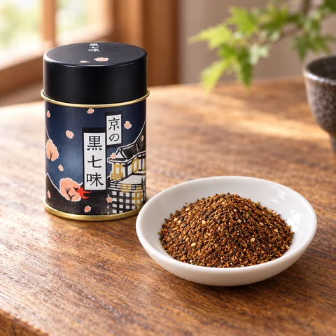 京の黒七味 缶：雰囲気と断面