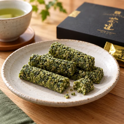 碾茶入り宇治抹茶クランチ「茶ノ道」：雰囲気と断面